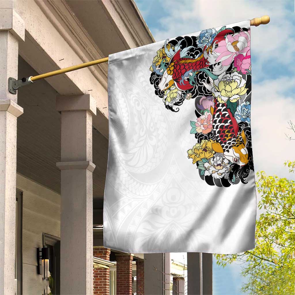 Hawaiian and Japanese Together Garden Flag Colorful Traditional Japanese Tattoo and Kakau Pattern White Color LT03 House Flag White - Polynesian Pride