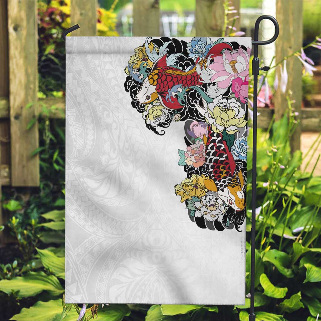 Hawaiian and Japanese Together Garden Flag Colorful Traditional Japanese Tattoo and Kakau Pattern White Color LT03 Garden Flag White - Polynesian Pride