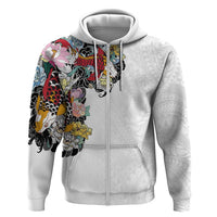 Hawaiian and Japanese Together Hoodie Colorful Traditional Japanese Tattoo and Kakau Pattern White Color LT03 Zip Hoodie White - Polynesian Pride