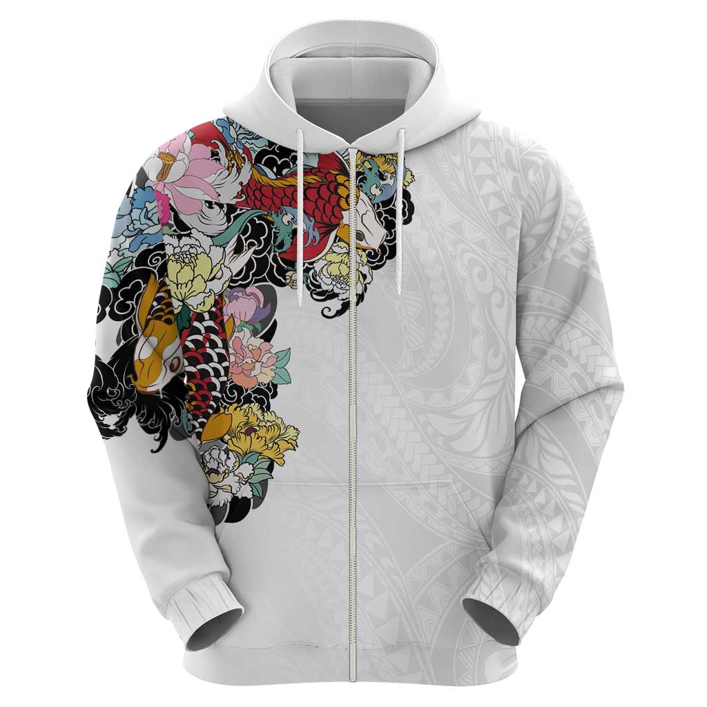 Hawaiian and Japanese Together Hoodie Colorful Traditional Japanese Tattoo and Kakau Pattern White Color LT03 - Polynesian Pride