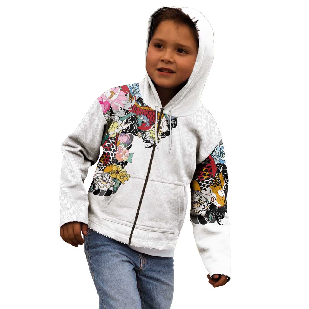Hawaiian and Japanese Together Kid Hoodie Colorful Traditional Japanese Tattoo and Kakau Pattern White Color LT03 - Polynesian Pride