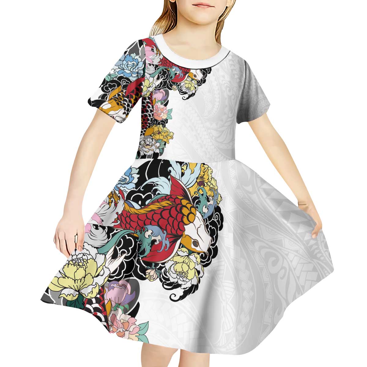 Hawaiian and Japanese Together Kid Short Sleeve Dress Colorful Traditional Japanese Tattoo and Kakau Pattern White Color LT03 - Polynesian Pride