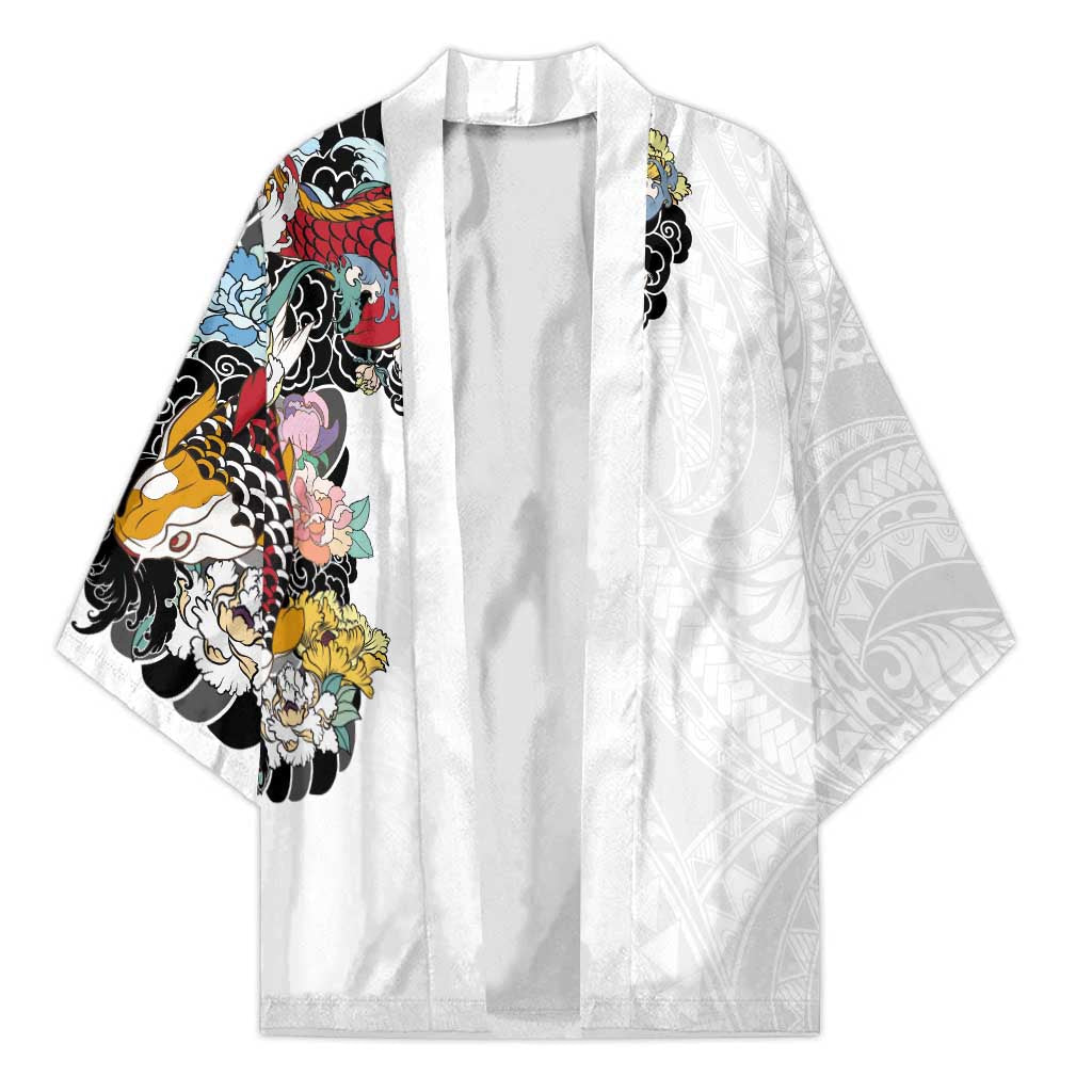 Hawaiian and Japanese Together Kimono Colorful Traditional Japanese Tattoo and Kakau Pattern White Color LT03 Unisex White - Polynesian Pride