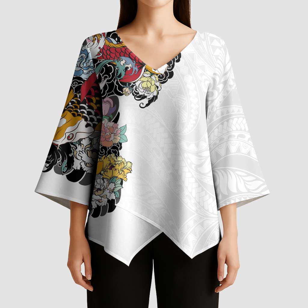 Hawaiian and Japanese Together Kimono Sleeve Blouse Colorful Traditional Japanese Tattoo and Kakau Pattern White Color LT03 - Polynesian Pride