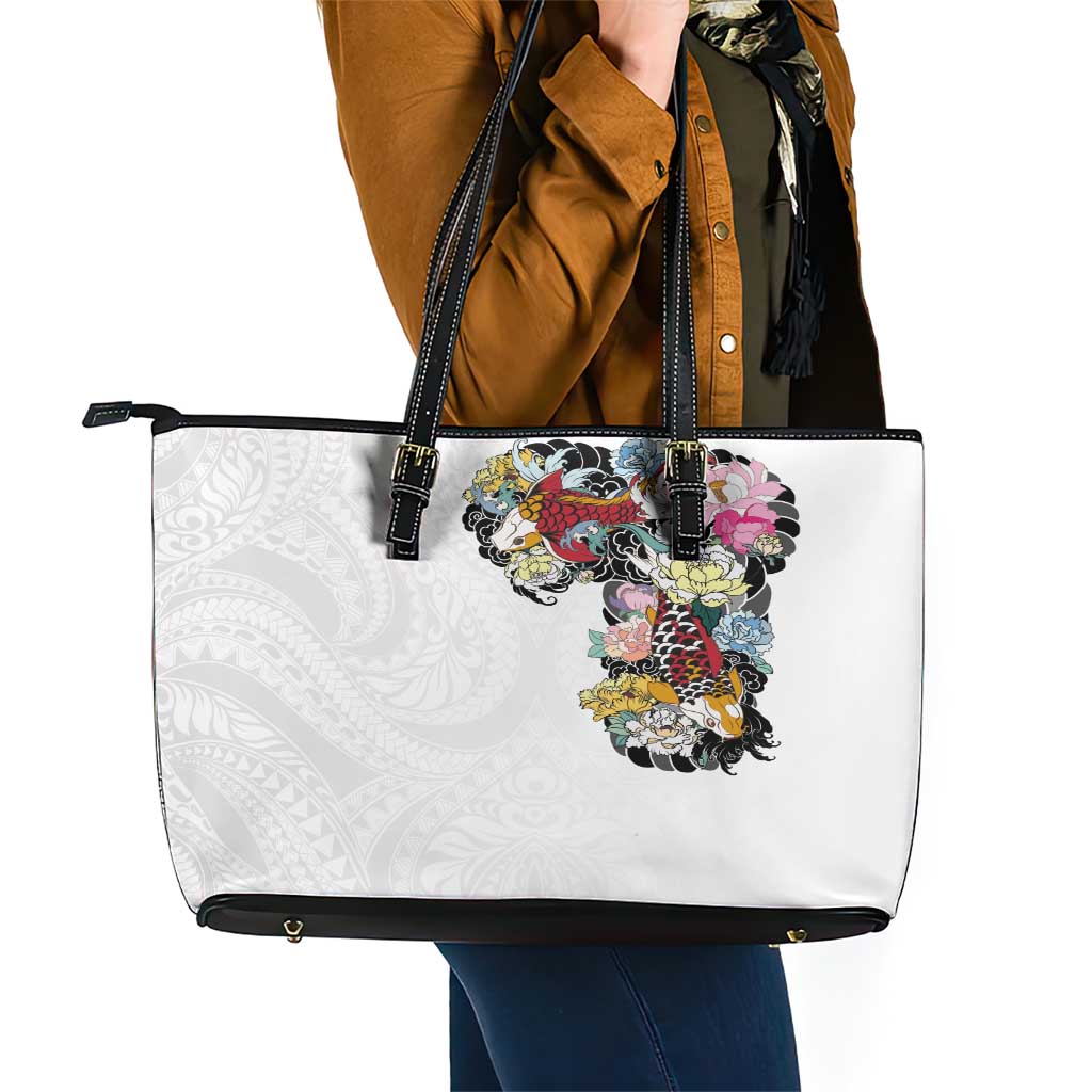 Hawaiian and Japanese Together Leather Tote Bag Colorful Traditional Japanese Tattoo and Kakau Pattern White Color LT03 - Polynesian Pride