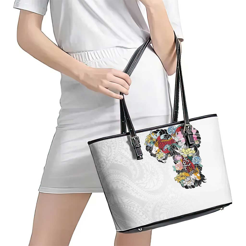 Hawaiian and Japanese Together Leather Tote Bag Colorful Traditional Japanese Tattoo and Kakau Pattern White Color LT03 - Polynesian Pride