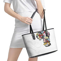 Hawaiian and Japanese Together Leather Tote Bag Colorful Traditional Japanese Tattoo and Kakau Pattern White Color LT03 - Polynesian Pride