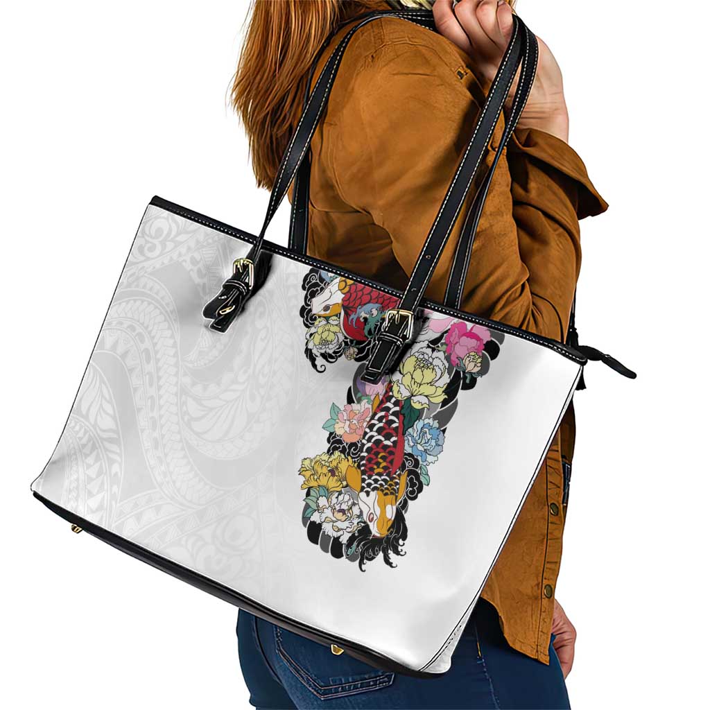 Hawaiian and Japanese Together Leather Tote Bag Colorful Traditional Japanese Tattoo and Kakau Pattern White Color LT03 - Polynesian Pride
