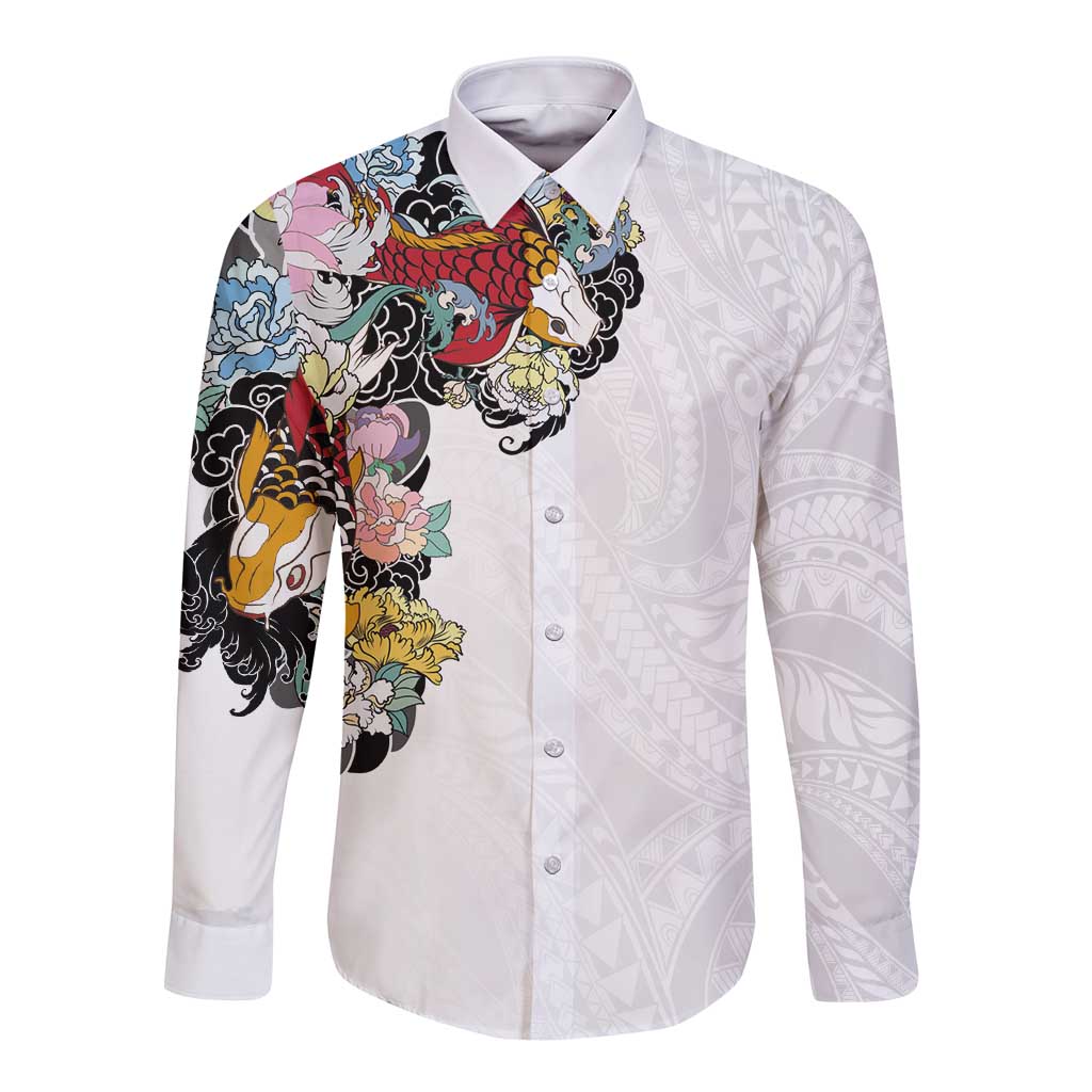 Hawaiian and Japanese Together Long Sleeve Button Shirt Colorful Traditional Japanese Tattoo and Kakau Pattern White Color LT03 Unisex White - Polynesian Pride