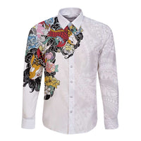 Hawaiian and Japanese Together Long Sleeve Button Shirt Colorful Traditional Japanese Tattoo and Kakau Pattern White Color LT03 Unisex White - Polynesian Pride