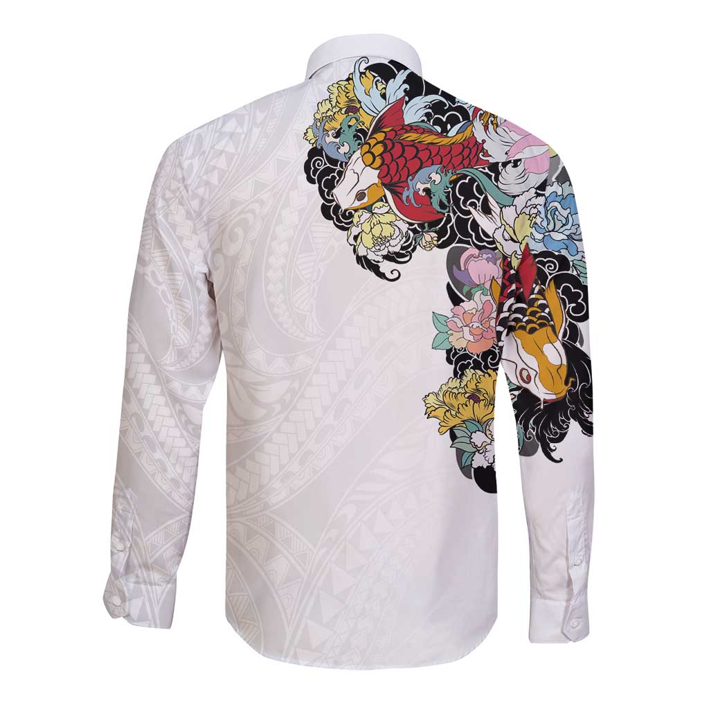 Hawaiian and Japanese Together Long Sleeve Button Shirt Colorful Traditional Japanese Tattoo and Kakau Pattern White Color LT03 - Polynesian Pride
