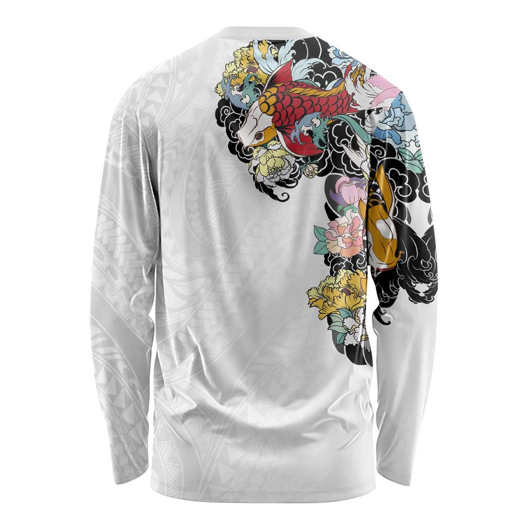 Hawaiian and Japanese Together Long Sleeve Shirt Colorful Traditional Japanese Tattoo and Kakau Pattern White Color LT03 - Polynesian Pride