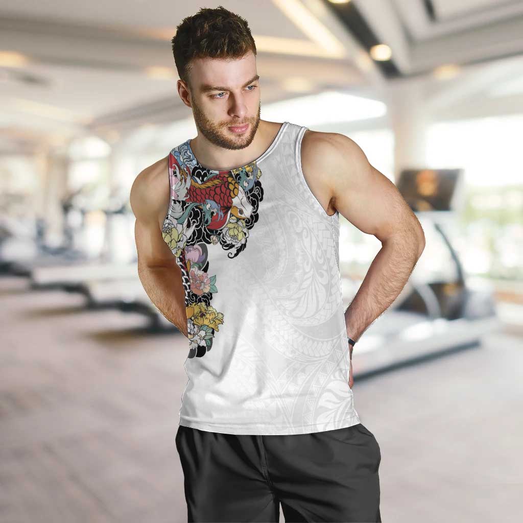 Hawaiian and Japanese Together Men Tank Top Colorful Traditional Japanese Tattoo and Kakau Pattern White Color LT03 White - Polynesian Pride