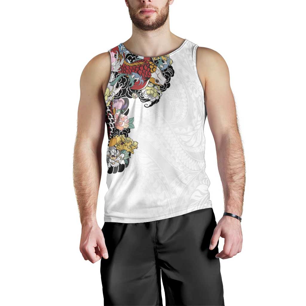 Hawaiian and Japanese Together Men Tank Top Colorful Traditional Japanese Tattoo and Kakau Pattern White Color LT03 - Polynesian Pride