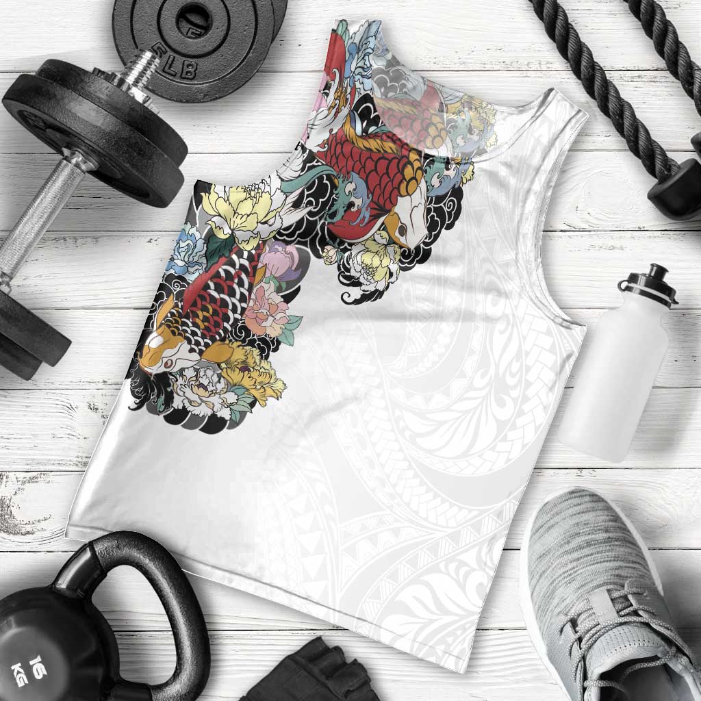Hawaiian and Japanese Together Men Tank Top Colorful Traditional Japanese Tattoo and Kakau Pattern White Color LT03 - Polynesian Pride