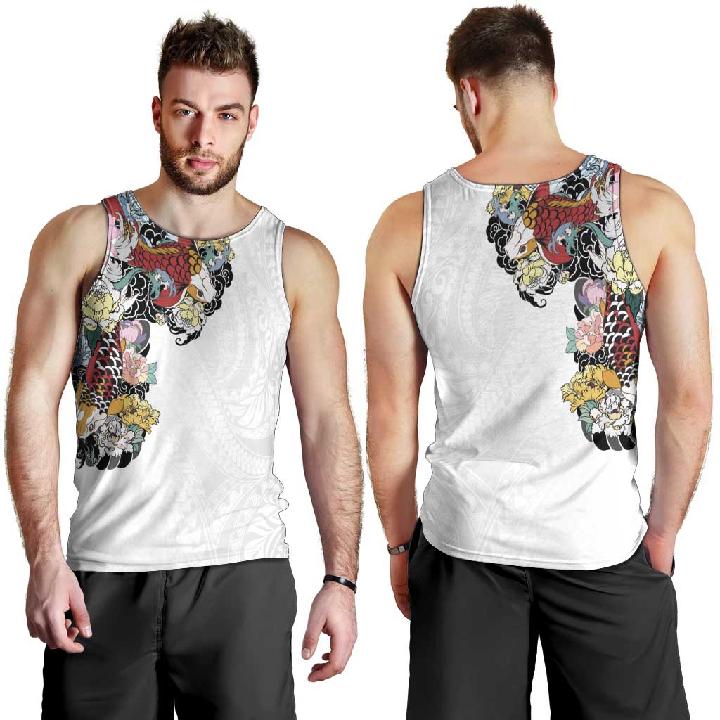 Hawaiian and Japanese Together Men Tank Top Colorful Traditional Japanese Tattoo and Kakau Pattern White Color LT03 - Polynesian Pride