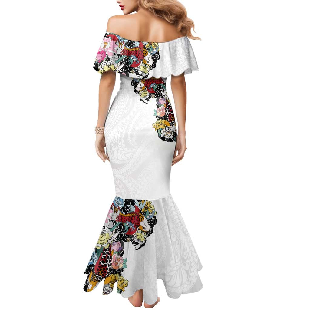 Hawaiian and Japanese Together Mermaid Dress Colorful Traditional Japanese Tattoo and Kakau Pattern White Color LT03 - Polynesian Pride