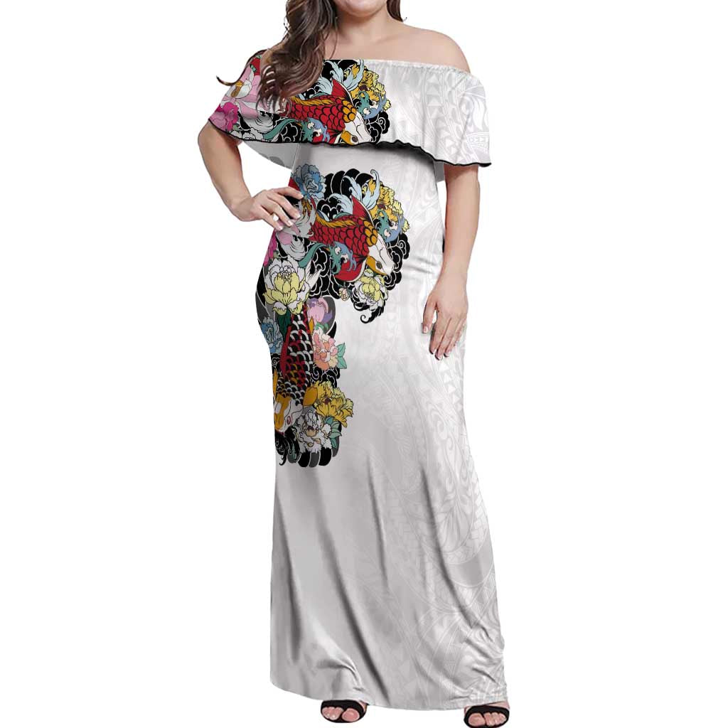 Hawaiian and Japanese Together Off Shoulder Maxi Dress Colorful Traditional Japanese Tattoo and Kakau Pattern White Color LT03 Women White - Polynesian Pride