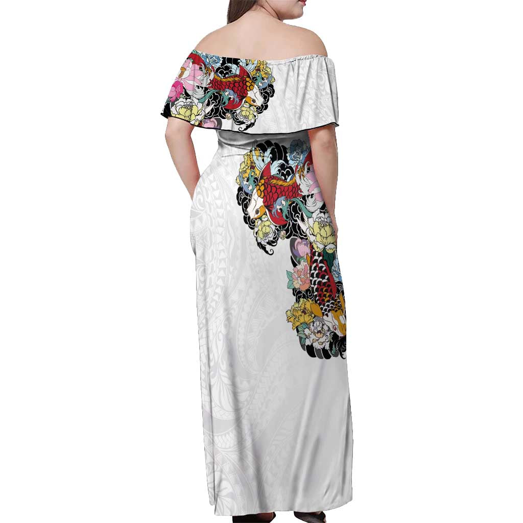 Hawaiian and Japanese Together Off Shoulder Maxi Dress Colorful Traditional Japanese Tattoo and Kakau Pattern White Color LT03 - Polynesian Pride