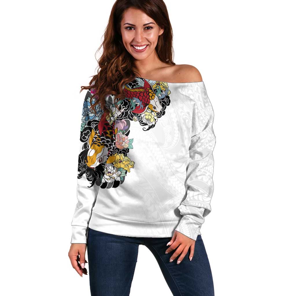 Hawaiian and Japanese Together Off Shoulder Sweater Colorful Traditional Japanese Tattoo and Kakau Pattern White Color LT03 Women White - Polynesian Pride