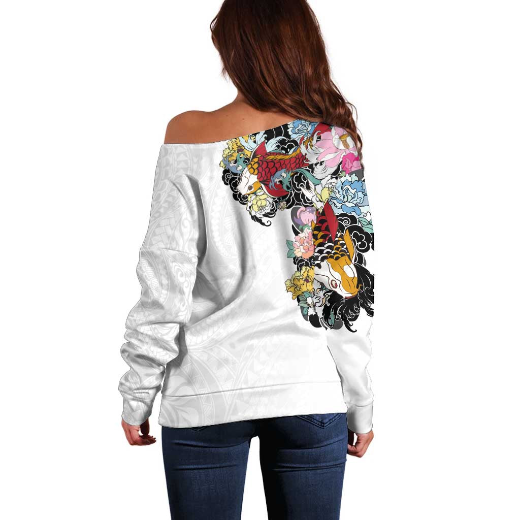Hawaiian and Japanese Together Off Shoulder Sweater Colorful Traditional Japanese Tattoo and Kakau Pattern White Color LT03 - Polynesian Pride