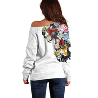 Hawaiian and Japanese Together Off Shoulder Sweater Colorful Traditional Japanese Tattoo and Kakau Pattern White Color LT03 - Polynesian Pride