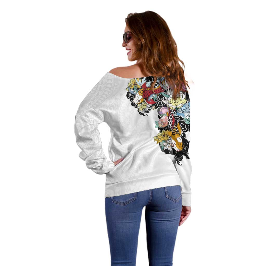 Hawaiian and Japanese Together Off Shoulder Sweater Colorful Traditional Japanese Tattoo and Kakau Pattern White Color LT03 - Polynesian Pride