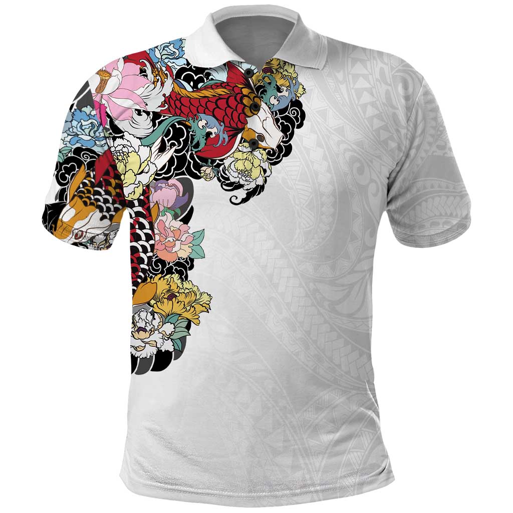 Hawaiian and Japanese Together Polo Shirt Colorful Traditional Japanese Tattoo and Kakau Pattern White Color LT03 White - Polynesian Pride