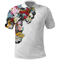 Hawaiian and Japanese Together Polo Shirt Colorful Traditional Japanese Tattoo and Kakau Pattern White Color LT03 White - Polynesian Pride