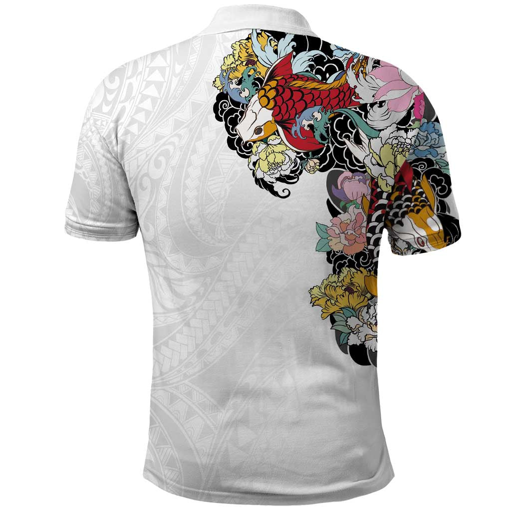 Hawaiian and Japanese Together Polo Shirt Colorful Traditional Japanese Tattoo and Kakau Pattern White Color LT03 - Polynesian Pride