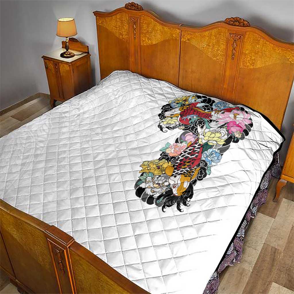 Hawaiian and Japanese Together Quilt Colorful Traditional Japanese Tattoo and Kakau Pattern White Color LT03 - Polynesian Pride