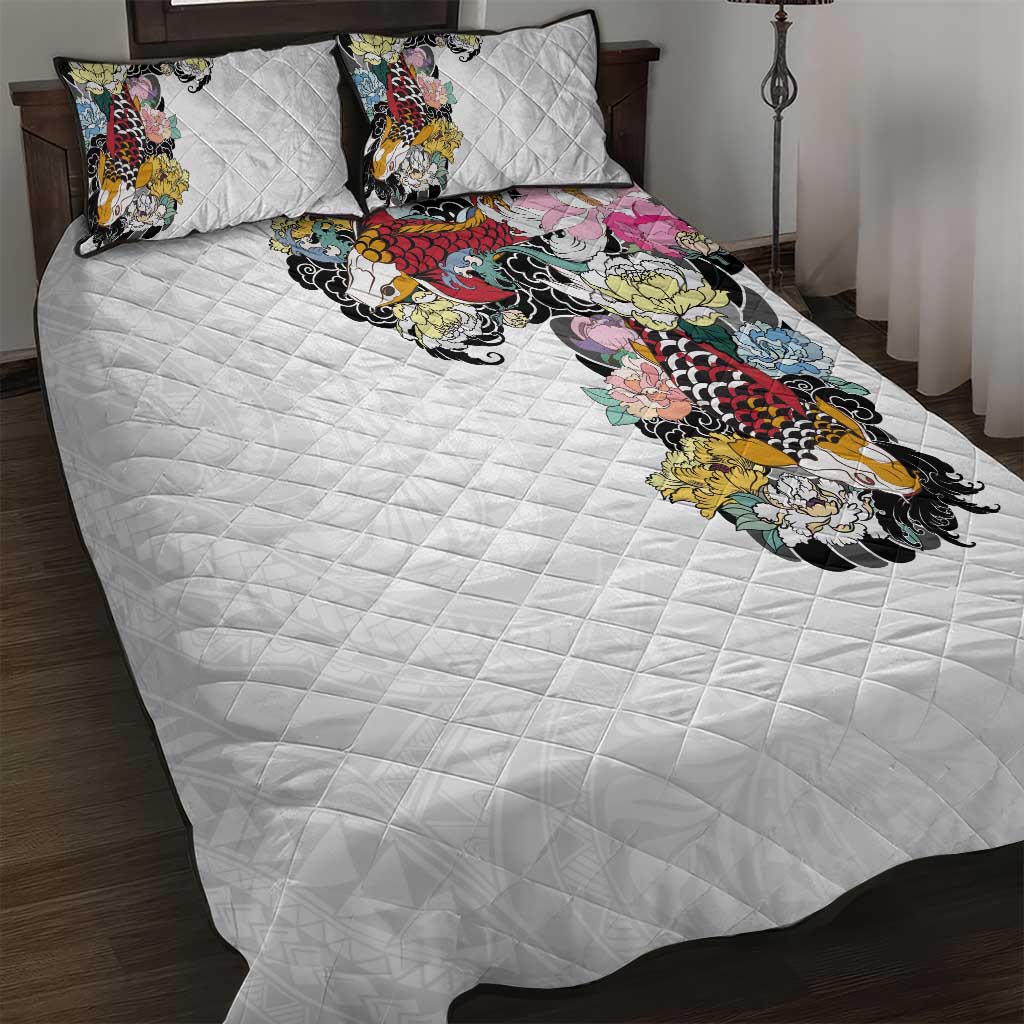 Hawaiian and Japanese Together Quilt Bed Set Colorful Traditional Japanese Tattoo and Kakau Pattern White Color LT03 White - Polynesian Pride