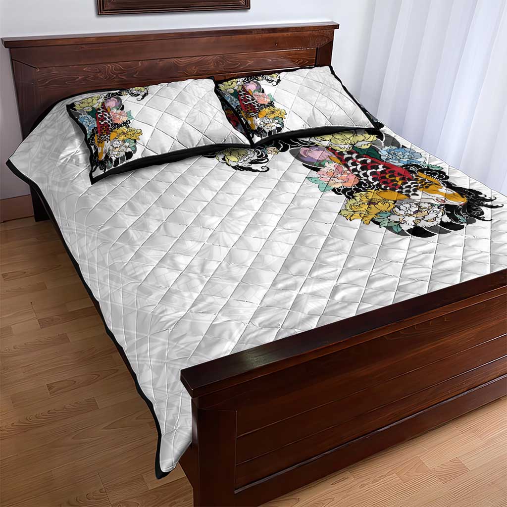 Hawaiian and Japanese Together Quilt Bed Set Colorful Traditional Japanese Tattoo and Kakau Pattern White Color LT03 - Polynesian Pride