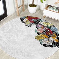 Hawaiian and Japanese Together Round Carpet Colorful Traditional Japanese Tattoo and Kakau Pattern White Color LT03 White - Polynesian Pride