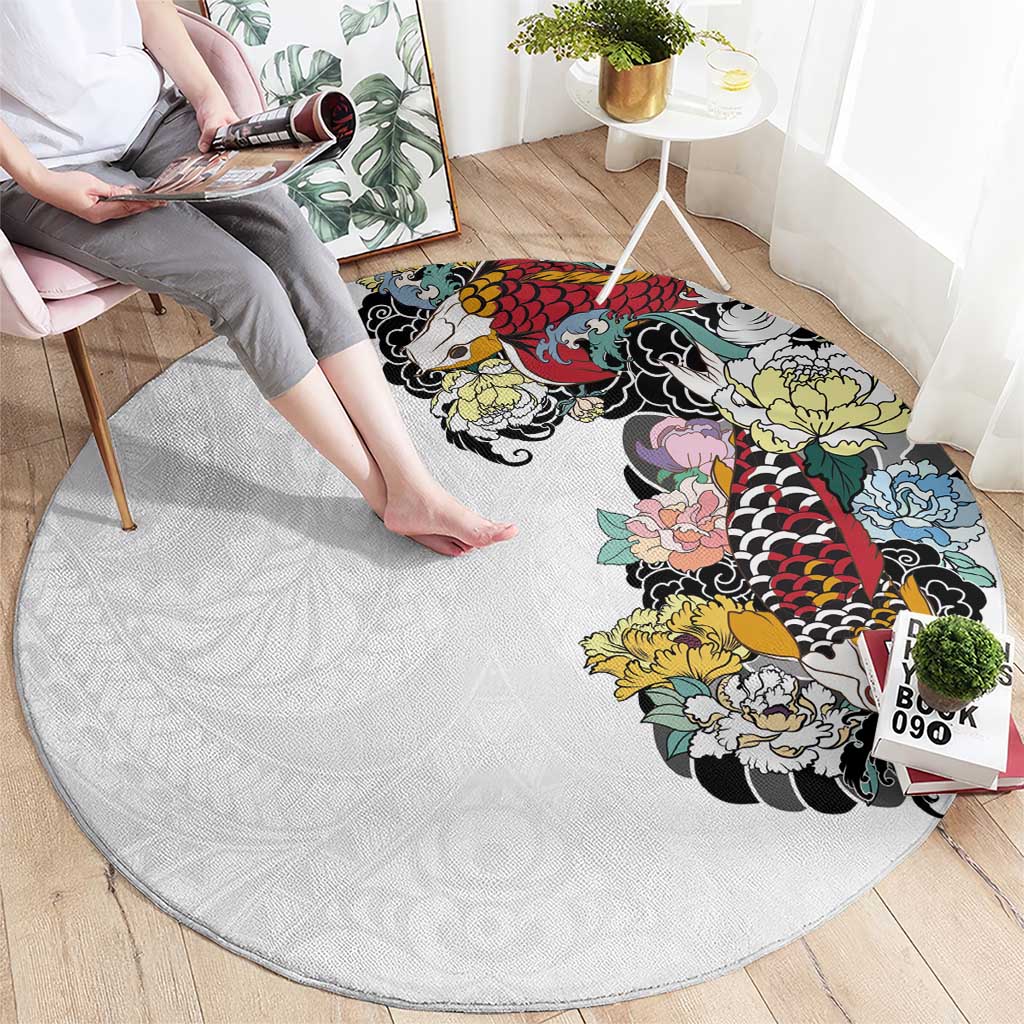 Hawaiian and Japanese Together Round Carpet Colorful Traditional Japanese Tattoo and Kakau Pattern White Color LT03 - Polynesian Pride