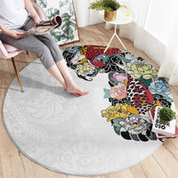 Hawaiian and Japanese Together Round Carpet Colorful Traditional Japanese Tattoo and Kakau Pattern White Color LT03 - Polynesian Pride