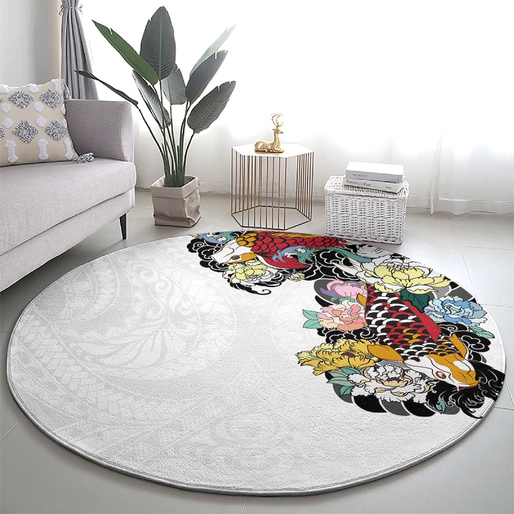 Hawaiian and Japanese Together Round Carpet Colorful Traditional Japanese Tattoo and Kakau Pattern White Color LT03 - Polynesian Pride