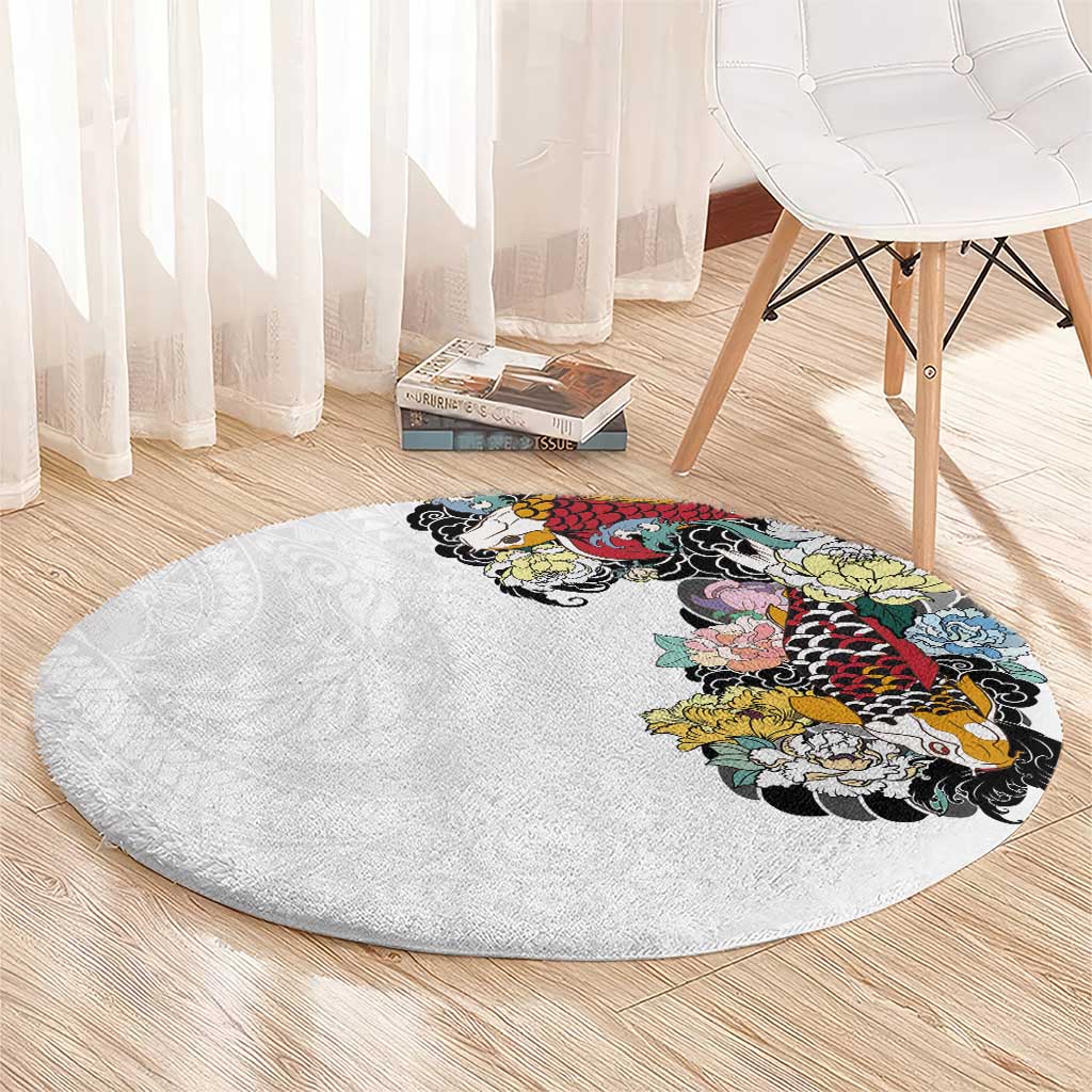 Hawaiian and Japanese Together Round Carpet Colorful Traditional Japanese Tattoo and Kakau Pattern White Color LT03 - Polynesian Pride