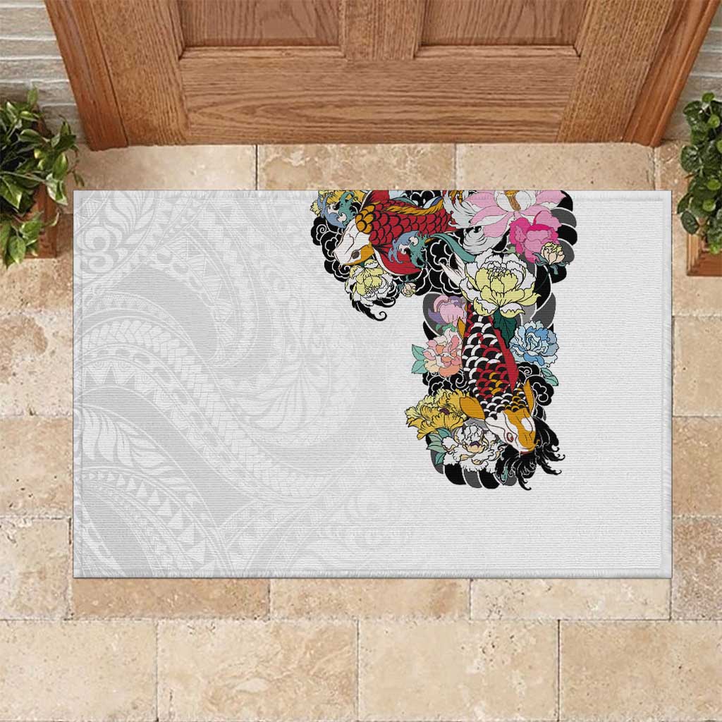 Hawaiian and Japanese Together Rubber Doormat Colorful Traditional Japanese Tattoo and Kakau Pattern White Color LT03 White - Polynesian Pride