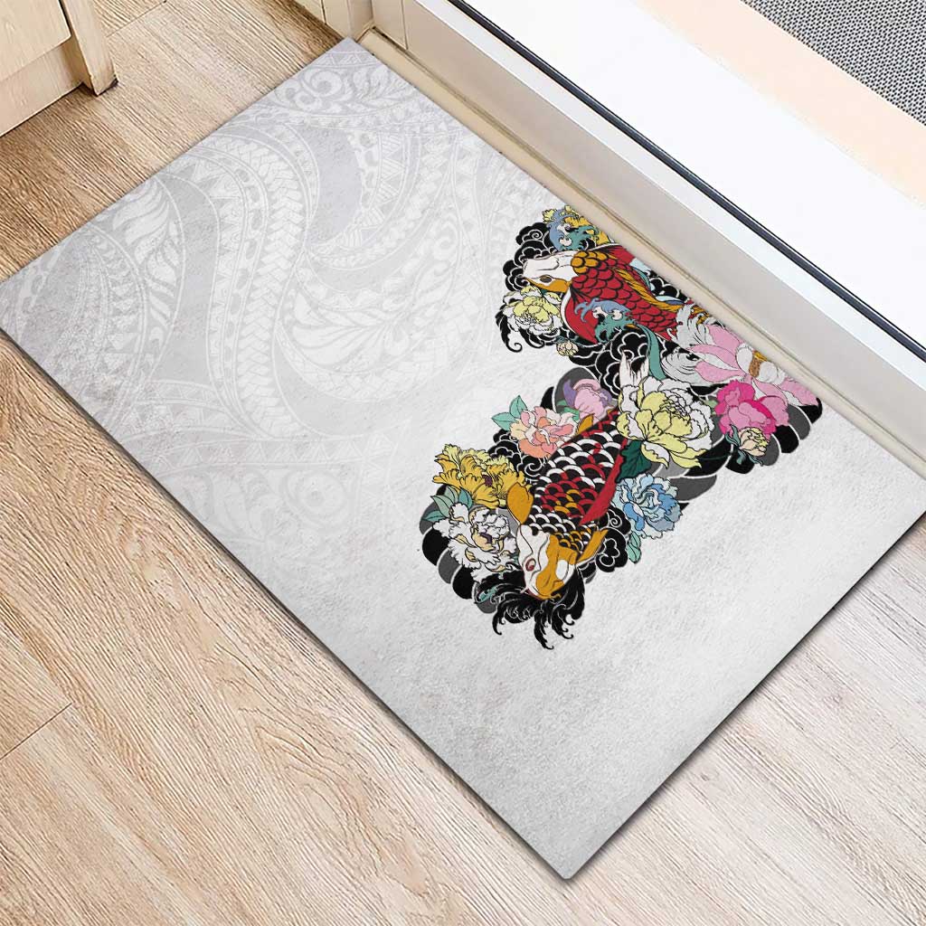 Hawaiian and Japanese Together Rubber Doormat Colorful Traditional Japanese Tattoo and Kakau Pattern White Color LT03 - Polynesian Pride