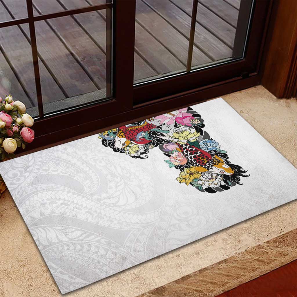 Hawaiian and Japanese Together Rubber Doormat Colorful Traditional Japanese Tattoo and Kakau Pattern White Color LT03 - Polynesian Pride