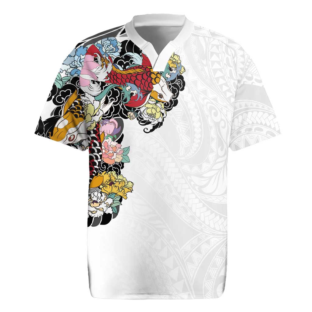 Hawaiian and Japanese Together Rugby Jersey Colorful Traditional Japanese Tattoo and Kakau Pattern White Color LT03 White - Polynesian Pride