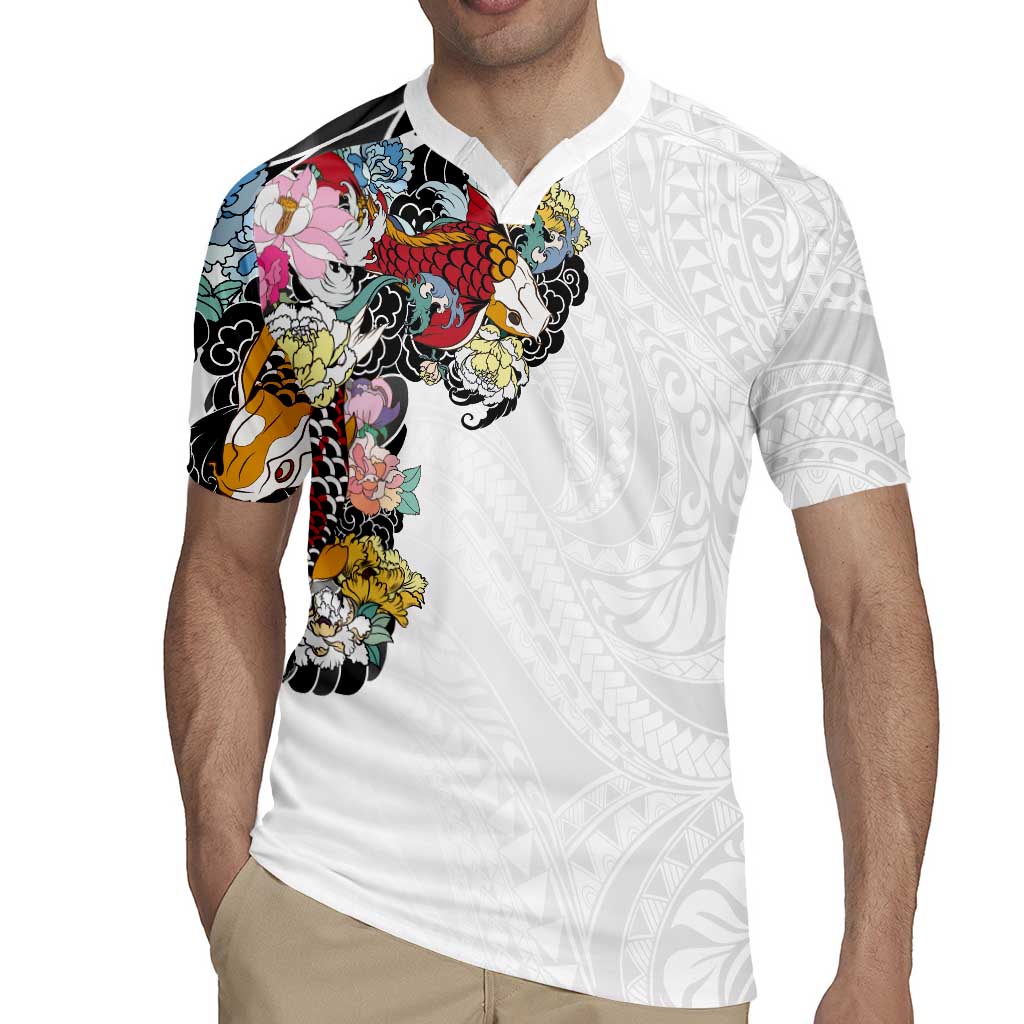 Hawaiian and Japanese Together Rugby Jersey Colorful Traditional Japanese Tattoo and Kakau Pattern White Color LT03 - Polynesian Pride