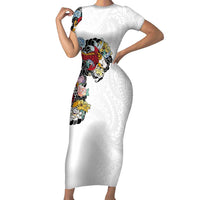 Hawaiian and Japanese Together Short Sleeve Bodycon Dress Colorful Traditional Japanese Tattoo and Kakau Pattern White Color LT03 Long Dress White - Polynesian Pride