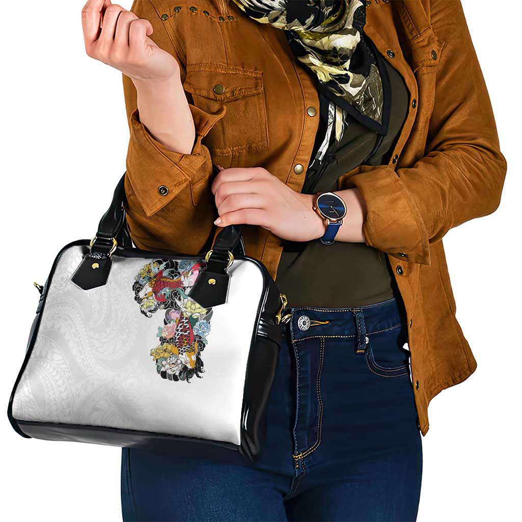 Hawaiian and Japanese Together Shoulder Handbag Colorful Traditional Japanese Tattoo and Kakau Pattern White Color LT03 - Polynesian Pride