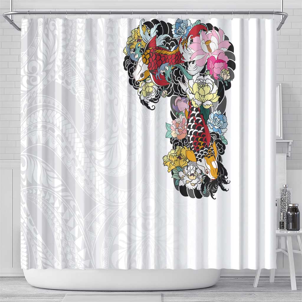 Hawaiian and Japanese Together Shower Curtain Colorful Traditional Japanese Tattoo and Kakau Pattern White Color LT03 - Polynesian Pride