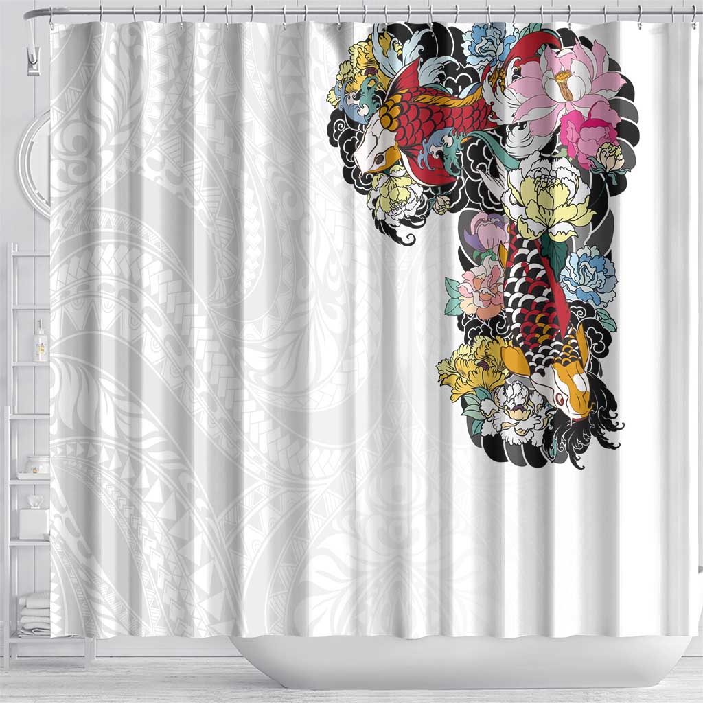 Hawaiian and Japanese Together Shower Curtain Colorful Traditional Japanese Tattoo and Kakau Pattern White Color LT03 - Polynesian Pride