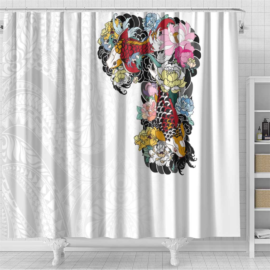 Hawaiian and Japanese Together Shower Curtain Colorful Traditional Japanese Tattoo and Kakau Pattern White Color LT03 - Polynesian Pride