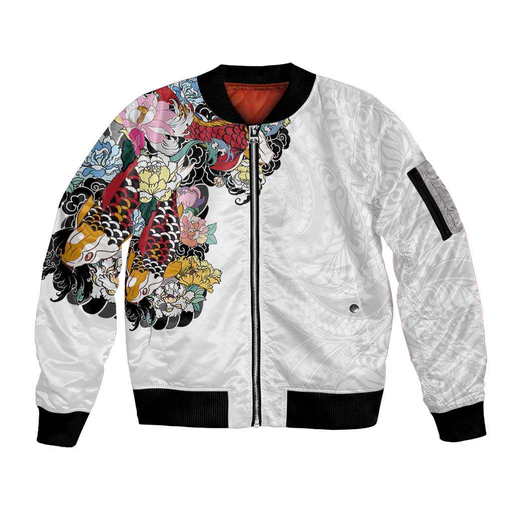Hawaiian and Japanese Together Sleeve Zip Bomber Jacket Colorful Traditional Japanese Tattoo and Kakau Pattern White Color LT03 Unisex White - Polynesian Pride