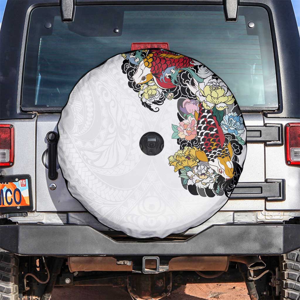 Hawaiian and Japanese Together Spare Tire Cover Colorful Traditional Japanese Tattoo and Kakau Pattern White Color LT03 White - Polynesian Pride
